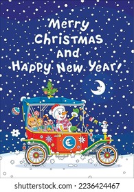 Merry Christmas and happy New Year card with a funny snowman driving its retro car full of holiday gifts, toys and sweets through snowfall on a magical moonlit night, vector cartoon
