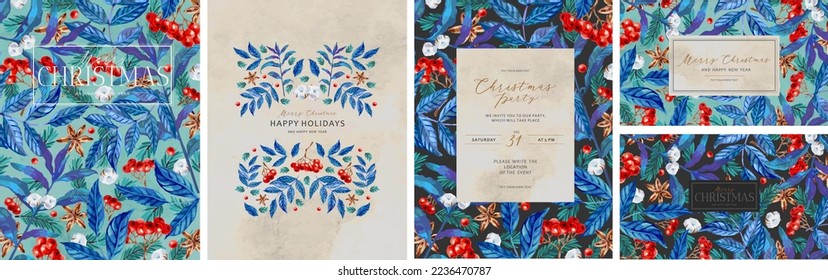 Merry Christmas and Happy New Year! Invitations and congratulations. Vector illustrations of winter ornament, rowan, cotton, fir branches for background, pattern, flyer or card