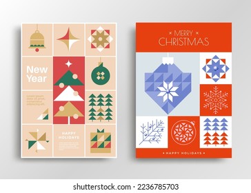 Merry Christmas and Happy New Year greeting card. Christmas tree and balls with a pattern of triangles. Vector xmas illustration for holiday cover.