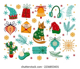 Merry Christmas and happy New Year vector icons set. Winter holiday symbols - gifts, bell, tree, letter to Santa Claus, cute fox, snowflake, hats of elf helpers. Flat cartoon clipart for prints, cards