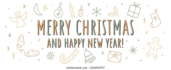 Merry Christmas and Happy New Year banner with festive elements in cartoon style. Christmas background for holiday designs, posters, cards, headers or banners. Flat vector illustration