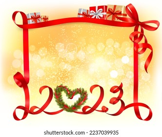 Merry Christmas and Happy New Year Background with letters 2023 made of red ribbon and branches of a Christmas tree with berries and fir cones in the shape of a heart. Vector