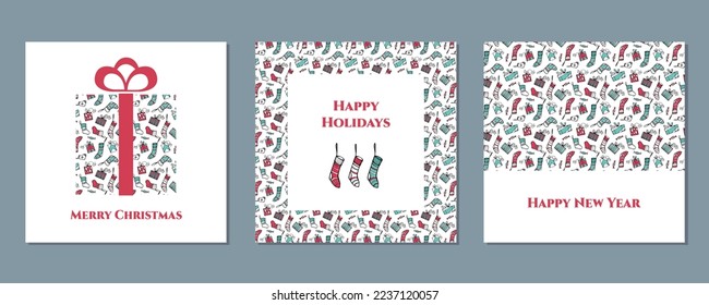 Merry Christmas, Happy New Year and Holidays greeting cards design set. Gift box with ribbon, square ornate frame and pattern border. Modern card templates in red and green colors on white background.