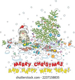 Merry Christmas and happy New Year card with a slightly drunk cat in a Santa hat sitting on snow near a rickety fir among scattered wine bottles, garlands and holiday toys after a noisy and fun party