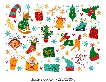 Feliz Navidad, felices iconos vectoriales de Año Nuevo. Símbolos de las vacaciones de invierno - regalos, santos, árboles, cartas a Santa Claus, lindos animales, copos de nieve, sombreros elfos. Recorrido plano de caricaturas para tarjetas, carteles, impresos