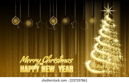 Merry Christmas and Happy New Year, tree gold lights dust decoration, golden blurred magic glow on dark background. Merry Christmas holiday celebration. Vector illustration banner greeting card