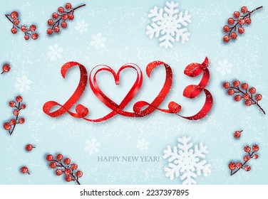 Merry Christmas and Happy New Year Background with 2023 letters and heart made from red ribbon, snowflakes and red berries. Vector