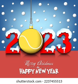 Merry Christmas and Happy New Year. Number 2023 and tennis ball as a Christmas decorations hanging on strings amid falling snow on a mirror surface. Pattern for greeting card. Vector illustration