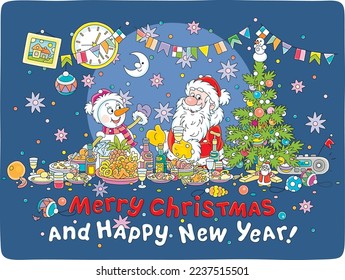 Merry Christmas and happy New Year card with Santa Claus and a funny toy snowman having fun at a festive table full of tasty food, sweets, drinks and gifts for long winter holidays, vector cartoon