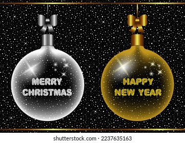 Merry Christmas and Happy New Year greeting card. Golden and silver balls on a black shiny background. Vector art.