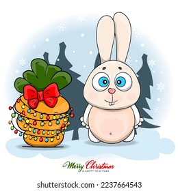 Merry Christmas And Happy New Year With Cute Little Rabbit, Christmas tree with garland and Rad Bow. Season's Greeting Card. Cartoon flat style ideal for cards posters, social media.