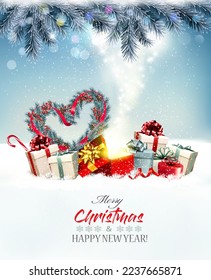 Merry Christmas and Happy New Year background with heart shaped Christmas tree branches, colorful gift boxes and a magic box. Vector