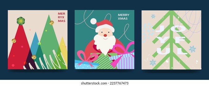 Merry Christmas and Happy New Year Set of greeting cards, posters, holiday covers. Modern Xmas design in blue, green, red colors. Christmas tree, balls, gifts. Vector