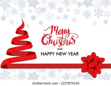 Merry Christmas and Happy new year vector card template. Traditional winter holidays congratulations with snowflakes and red ribbon in shape of Xmas tree and bow. Hand drawn illustration and lettering