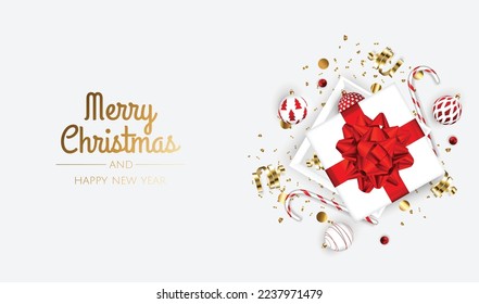 Merry Christmas and Happy New Year. Xmas Festive background with realistic 3d objects, gift box, gold and red balls.