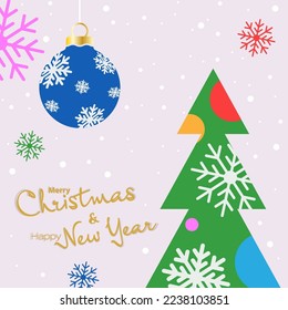 Merry Christmas and Happy New Year. Template for greetings, banners, posters, postcards and holiday invitations. A design idea with festive balloons, snow and snowflakes