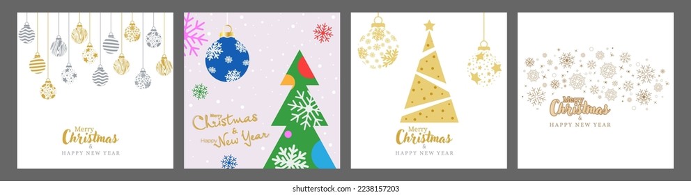 Merry Christmas and Happy New Year. Template for greetings, banners, posters, postcards and holiday invitations. Modern design with festive balloons, snow and snowflakes