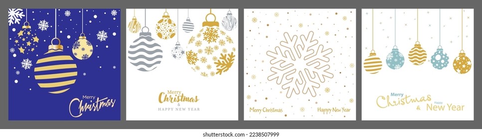 Merry Christmas and Happy New Year. Template for greetings, banners, posters, postcards and holiday invitations. Modern design with festive balloons, snow and snowflakes