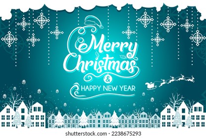 merry christmas and happy new year banner background cold blue winter snow santa in the town vector template