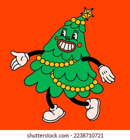 Merry Christmas and Happy New year trendy retro cartoon characters. Groovy hippie Christmas tree. Vector Cartoon characters and elements.