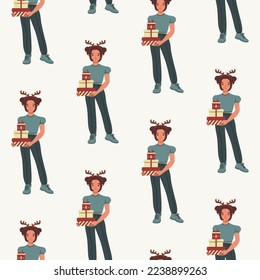 Merry Christmas and Happy New Year. Colorful seamless pattern, background design. Christmas people