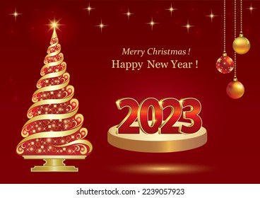 Merry Christmas and Happy New Year 2023. Greeting card with Christmas tree, balls and number 2023 on a round podium with light. 3d vector illustration