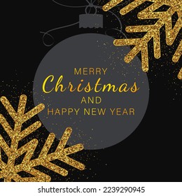 Merry Christmas and happy new year banner. Gold glitter snowflakes. Vector background