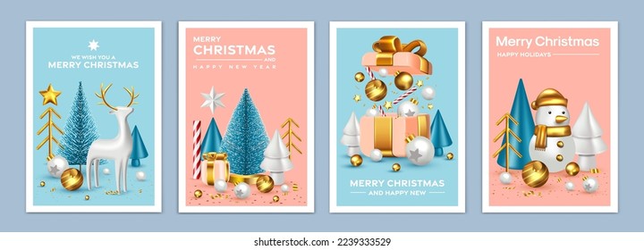 Merry Christmas and Happy New Year backgrounds, greeting cards, posters, holiday covers. Design with realistic New Year's eve and  Christmas ornaments. Vector Illustration Xmas festive templates