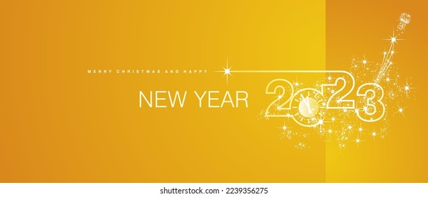 Merry Christmas and Happy New Year 2023 white orange clock firework midnight countdown celebrations orange yellow background greeting card