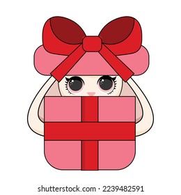 Merry Christmas And Happy New Year With Cute Little Rabbit Santa Claus Red Hat, Candy Cane, Gift Box And Christmas Tree. Season's Greetings Card. Vector Cartoon Illustration