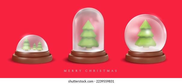 Merry Christmas and happy new year banner. Holiday background composition. Christmas tree under glass dome in 3d realistic minimal style. Cute cartoon vector illustration.