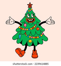 Merry Christmas and Happy New year trendy retro cartoon characters. Groovy hippie Christmas tree. Vector Cartoon characters and elements.