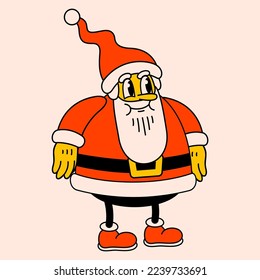 Merry Christmas and Happy New year trendy retro cartoon characters. Groovy hippie Christmas Santa Claus. Vector Cartoon characters and elements.