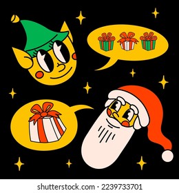 Merry Christmas and Happy New year retro cartoon characters. Groovy hippie Christmas card with Santa Claus and Elf. Vector Cartoon characters and elements.