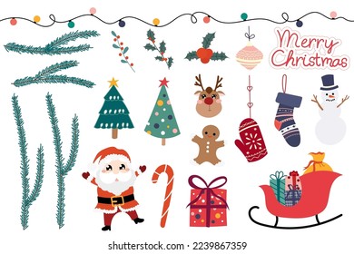 Merry Christmas and Happy New Year Items. Cute Seasonal Elements. Colorful Illustration in flat Cartoon isolated on White Background. Santa Claus, Ginger Bread, and a lot of Holiday Symbols.