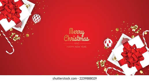 Merry Christmas and Happy New Year. Xmas Festive background with realistic 3d objects, gift box, blue and white balls.