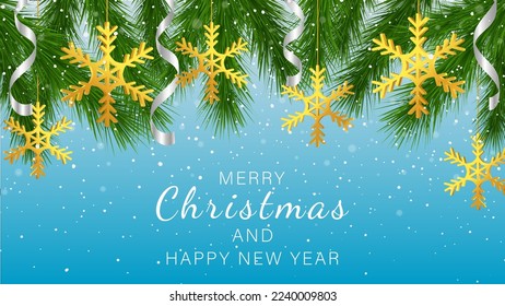 Merry Christmas and happy new year banner. Christmas tree branches and golden snowflakes. Vector background
