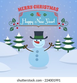 Merry christmas and happy new year holiday background with snowman and pine trees vector illustration