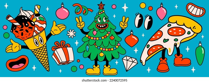 Feliz Navidad y Feliz Año Nuevo paquete de personajes de dibujos animados retro de moda. Pegatinas de Navidad hippie y grumosas con árbol de Navidad, rebanada de pizza, helado y objetos de invierno. Personajes de la animación vectorial