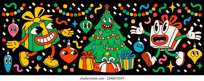 Feliz Navidad y Feliz Año Nuevo paquete de personajes de dibujos animados retro de moda. Pegatinas de Navidad hippie y grumosas con árbol de Navidad, regalos y objetos de invierno. Caracteres y elementos de la viñeta vectorial.