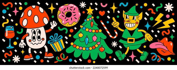 Frohe Weihnachten und Glück Neues Jahr Pack von trendigen Retro-Cartoon-Figuren. Groovy Hippie Weihnachtssticker mit Weihnachtsbaum, Kuchen und Winterobjekten. Vektorgrafik-Zeichen und -Elemente.