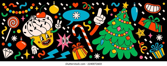 Merry Christmas and Happy New year pack of trendy retro cartoon characters. Groovy hippie Christmas stickers with Christmas tree, cupcake and winter objects. Vector Cartoon characters and elements.