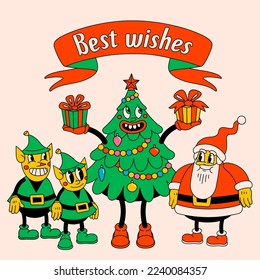Merry Christmas and Happy New year trendy retro cartoon characters. Groovy hippie Christmas card with Santa Claus, Christmas tree, elves, and best wishes text. Vector Cartoon characters and elements.