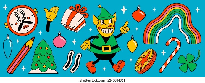 Fröhliche Weihnachten und Glück Neues Jahr trendige Retro-Cartoon-Figuren. Groovy Hippie Weihnachten Santas Elf und Winterobjekte. Vektorgrafik-Zeichen und -Elemente.