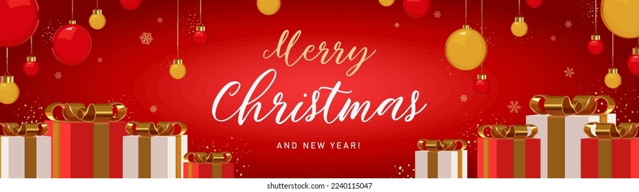 Merry christmas and a happy new year. Promotion poster or banner with red gift box and christmas element for retail, shopping or christmas promotion in red and gold style.