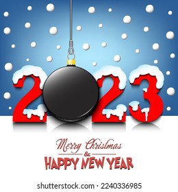 Merry Christmas and Happy New Year. Number 2023 and hockey puck as a Christmas decorations hanging on strings amid falling snow on a mirror surface. Pattern for greeting card. Vector illustration