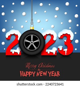 Merry Christmas and Happy New Year. Number 2023 and wheel car as a Christmas decorations hanging on strings amid falling snow on a mirror surface. Pattern for greeting card. Vector illustration