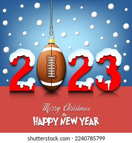 Merry Christmas and Happy New Year. Number 2023 and football ball as a Christmas decorations hanging on strings amid falling snow on a mirror surface. Pattern for greeting card. Vector illustration