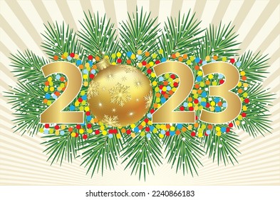 Merry Christmas and Happy New Year 2023. Christmas banner with golden numbers and  ball with snowflakes on fir branches with confetti. Vector illustration
