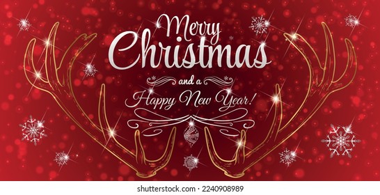 Merry Christmas and a Happy New Year luxurious silver with golden antlers on a red velvet background